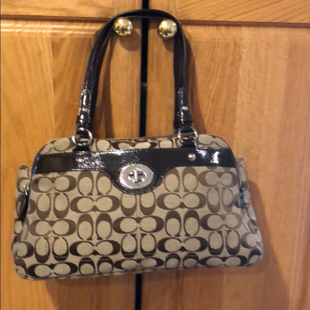 Brown signature medium logo fabric satchel